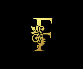 Golden Letter F Logo Icon . Initial Letter F Design Vector Luxury Gold Color.Print monogram initials stamp sign symbol.