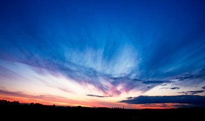 After sunset, Nottinghamshire countryside near East Leake with distant cooling towers, England, UK.