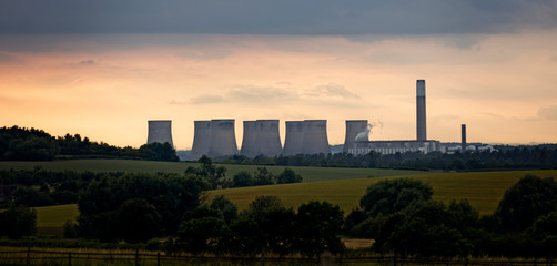 Sunset over the cooling towers of the Ratcliffe Power Station, Nottinghamshire, England, UK.