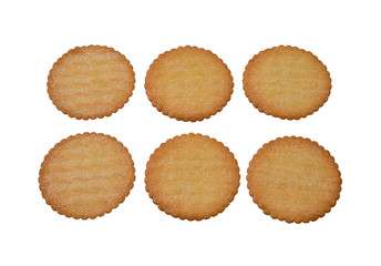 Crackers light yellow circles attractive to eat.There are 6 pieces .Isolated on white background.Top view.