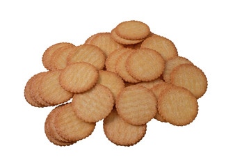 Crackers  light yellow circles attractive to eat.There are  combined pile. Isolated on white background.Top view.