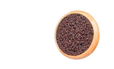 Cooked brown rice or riceberry rice attractive to eat  in wooden bowl isolated on white background.herb,cereal, top view and close up.Take photo at studio.