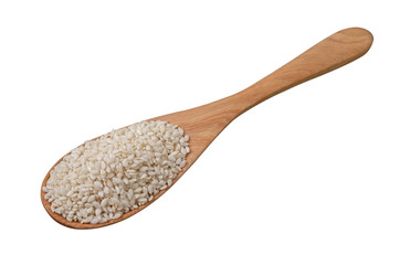 white sesame seeds in wooden spoon isolated on white background. L.Herb.