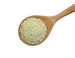 white sesame seeds in wooden spoon isolated on white background. L.Herb.Top view.