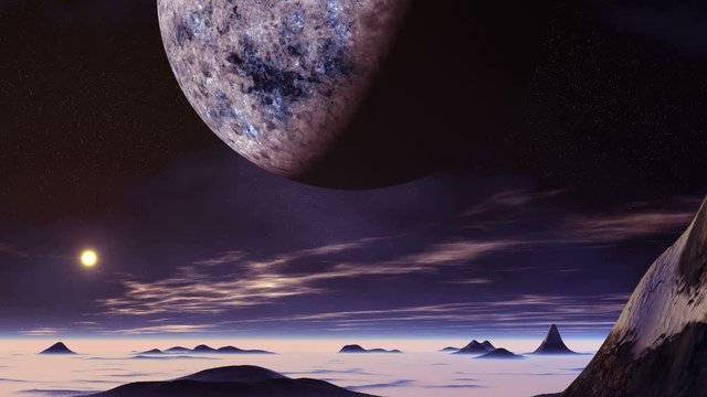 Huge Alien Planet and Sunrise. Lifeless desert flooded with pink light. In the lowlands and above the horizon is a thick white fog. In the dark starry sky a large blue planet and nebula. The sun rises