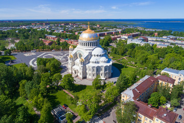 View of St. Nicholas Naval Cathedral on a sunny June day (shot of a quadcopter). Kronstadt, Russia