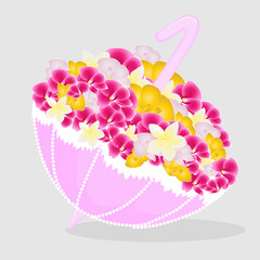 Pink, openwork umbrella inside with flowers. Vector art