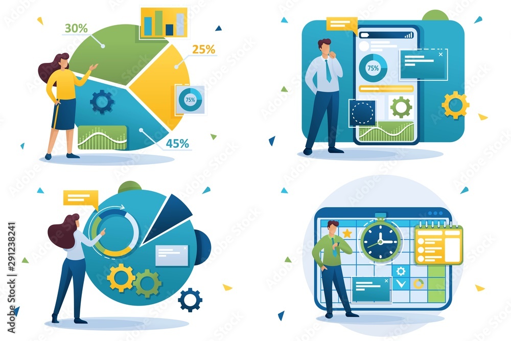 Poster set flat 2d concepts financial analysis, data collection application, business planning, graphs and 