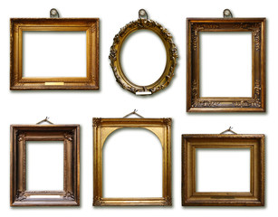 Set of picture gold wooden frame on isolated background