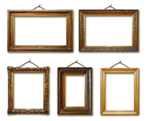 Set of picture gold wooden frame on isolated background