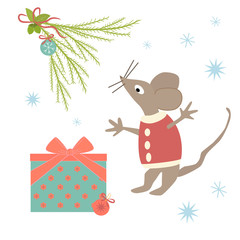 Funny mouse in a red sweater near a gift box with a bow and Christmas ball. Set of holiday elements: Christmas tree branch, mouse, Christmas toys. Beautiful illustration in a flat style for children.