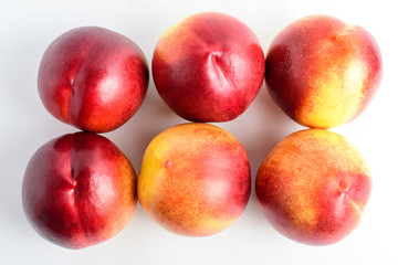 Six fresh ripe nectarine fruits displated as on two lines on a white table, isolated on white, with soft focus, top view