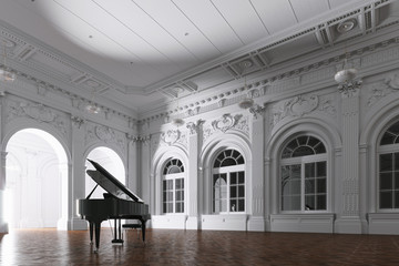 3d render of light in empty classic museum room with grand piano through the opened door