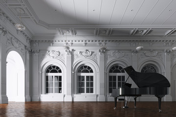 3d render of light in empty classic orchestra room with grand piano through the opened door © 3DArt