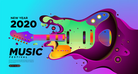 Guitar with Abstract Liquid Colorful Illustration for 2020 New Year Party and Event Banner. Vector Illustration Collage of Music Festival Background and Wallpaper in eps 10. 