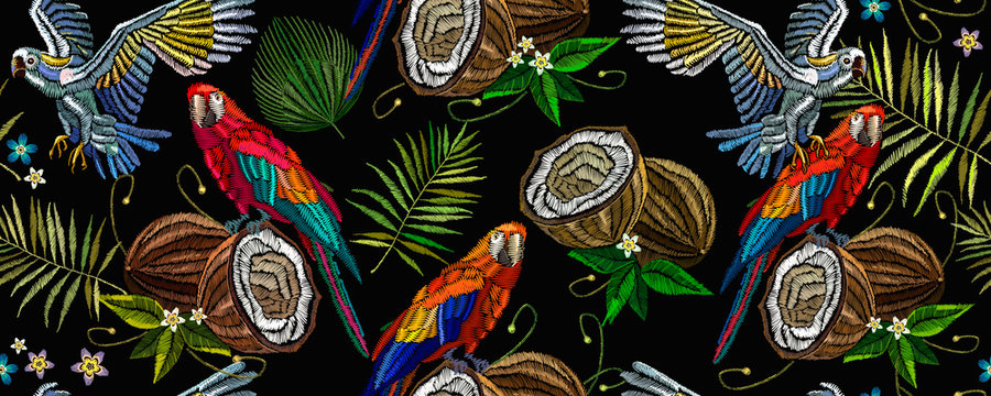 Embroidery. Tropical art. Parrots, palm leaves, pineapple and coconut horizontal seamless pattern Fashionable jungle, hot summer background. Template for design of clothes