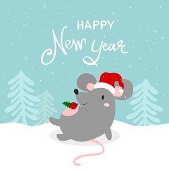 Happy New Year greeting card with cute rat, symbol of 2020 year. Chinese New Year. Vector illustration.