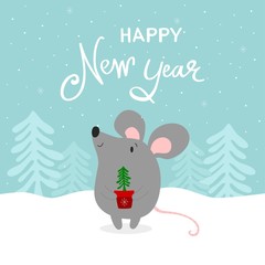 Happy New Year greeting card with cute rat, symbol of 2020 year. Chinese New Year. Vector illustration.