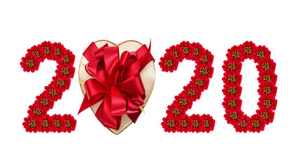 The Christmas, New Year from red flowers form of inscriptions, 2020 numbers with heart, isolated on white.