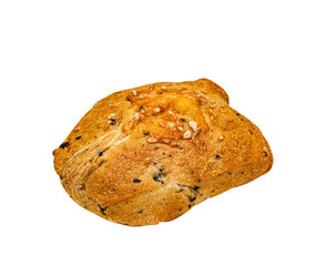 Ciabatta with olives and cheese isolated on white.