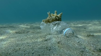  Plastic pollution, A beautiful nudibranch sea hare crawls along plastic bottle on the sandy bottom. Nudibranch or Sea slug Spotted sea hare (Aplysia dactylomela) Mediterranean Sea, Europe.