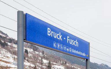 Bruck - Fusch Destination Sign. The destination sign for Bruck - Fusch Station in the state of Salzburg in Austria. Bruck and Fusch are both municipalities in the district of Zell am See.