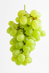 One bunch of ripe organic white grapes isolated on white background, side view