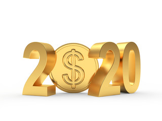 Golden 2020 New Year and coin with Dollar sign isolated on white background. 3D illustration