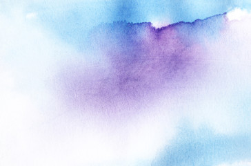 Abstract watercolor background. Gradient from bright purple to white. Saturated ink stains of liquid paint. Purple-blue shades. Light sky with clouds. Template. Hand drawn illustration