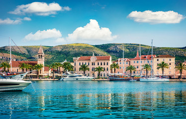 Splendid summer cityscape of Trogir town. Sunny morning seascape of Adriatic sea. Beautiful world...