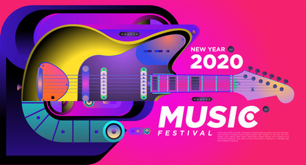 Music Festival Illustration Design for 2020 New Year Party and Event. Vector Illustration Collage of Music and Guitar Festival Background and Wallpaper in eps 10. 