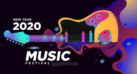Music Festival Illustration Design for 2020 New Year Party and Event. Vector Illustration Collage of Music and Guitar Festival Background and Wallpaper in eps 10. 