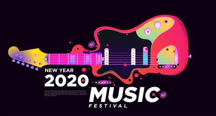 Obraz premium Music Festival Illustration Design for 2020 New Year Party and Event. Vector Illustration Collage of Music and Guitar Festival Background and Wallpaper in eps 10.&nbsp;