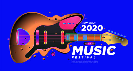 Music Festival Illustration Design for 2020 New Year Party and Event. Vector Illustration Collage of Music and Guitar Festival Background and Wallpaper in eps 10. 