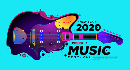 Obraz premium Music Festival Illustration Design for 2020 New Year Party and Event. Vector Illustration Collage of Music and Guitar Festival Background and Wallpaper in eps 10.&nbsp;