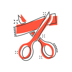 Scissors icon in comic style. Cutting ribbon vector cartoon illustration on white isolated background. Ceremonial business concept splash effect.