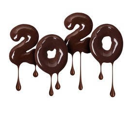 Number 2020 is made of melted chocolate isolated on white background