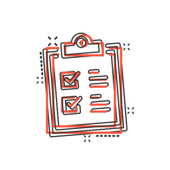 Checklist clipboard sign icon in comic style. Document list vector cartoon illustration on white isolated background. Questionnaire notepad business concept splash effect.