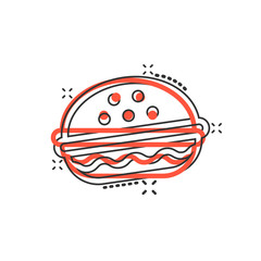 Burger sign icon in comic style. Hamburger vector cartoon illustration on white isolated background. Cheeseburger business concept splash effect.