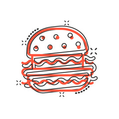 Burger sign icon in comic style. Hamburger vector cartoon illustration on white isolated background. Cheeseburger business concept splash effect.