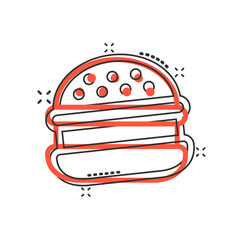 Burger sign icon in comic style. Hamburger vector cartoon illustration on white isolated background. Cheeseburger business concept splash effect.