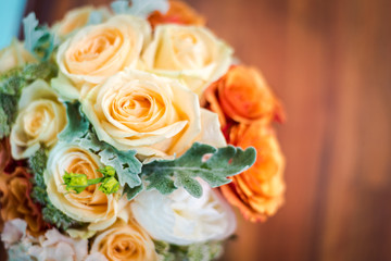 Wedding bouquet made of roses . Indoor photo
