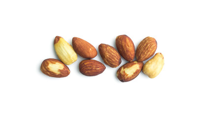 almonds with leaves in top view isolated on white background