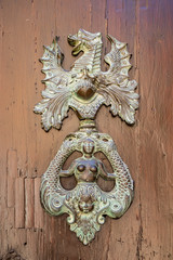 An antique metal knocker on a wooden door, which depicts a dragon and a mermaid.