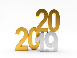 2020 New Year concept icon. The silver number 19 changes to golden number 20. 3D illustration