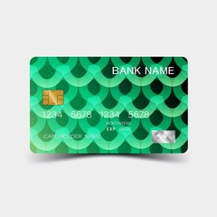 Credit card. With green elements desing. And inspiration from abstract. On white background. Glossy plastic style. 