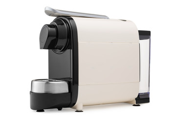 modern coffee machine made of plastic and metal, for preparing capsule coffee, on a white background