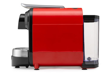 modern red coffee machine for preparing capsule coffee, on a white background