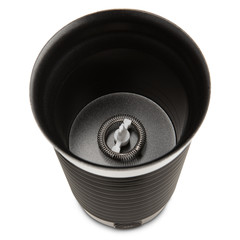 electric black empty cappuccino machine, top view, on a white background