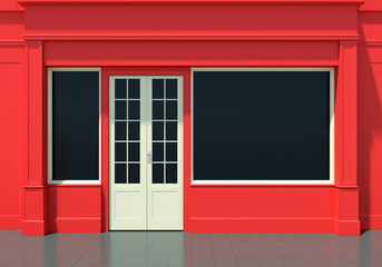 Classic red shopfront with  large windows. Small business red store facade